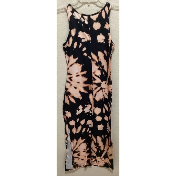 Sleeveless Black & Beige Tie-Dye Midi Bodycon Dress Size S - Picture 4 of 5